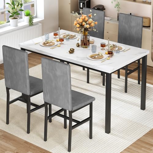Hooseng Dining Table Set for 4- Space Saving Kitchen Table and Chairs for 4, Modern Style Faux Marble Tabletop & 4 PU Leather Chairs