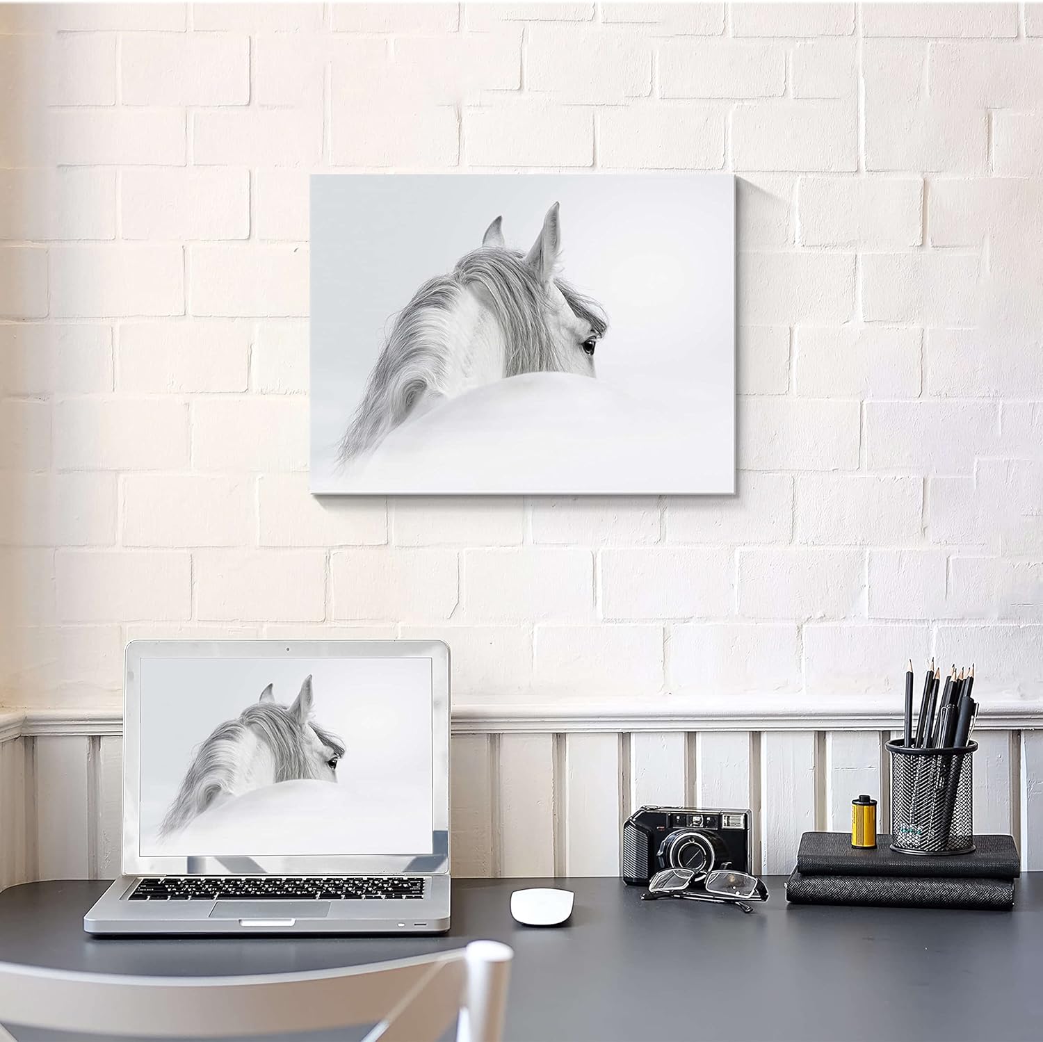 Bedroom Horse Canvas Wall Art: White Pony Picture Equestrian Print Large Modern Animal Portrait Artwork Contemporary Wildlife Painting for Bathroom