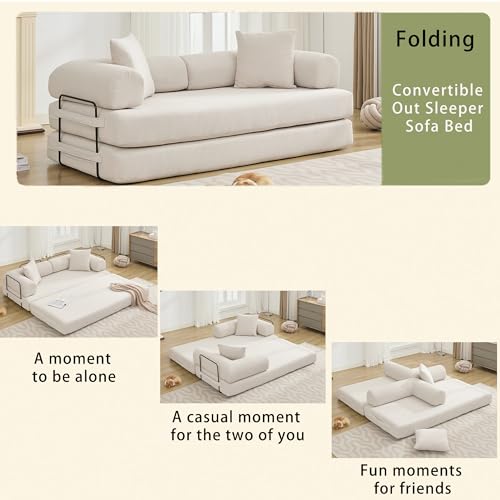 Convertible Sleeper Sofa Bed with Cylindrical Pillow, Corduroy Folding Mattress Couch with Fixed-Shape Frame
