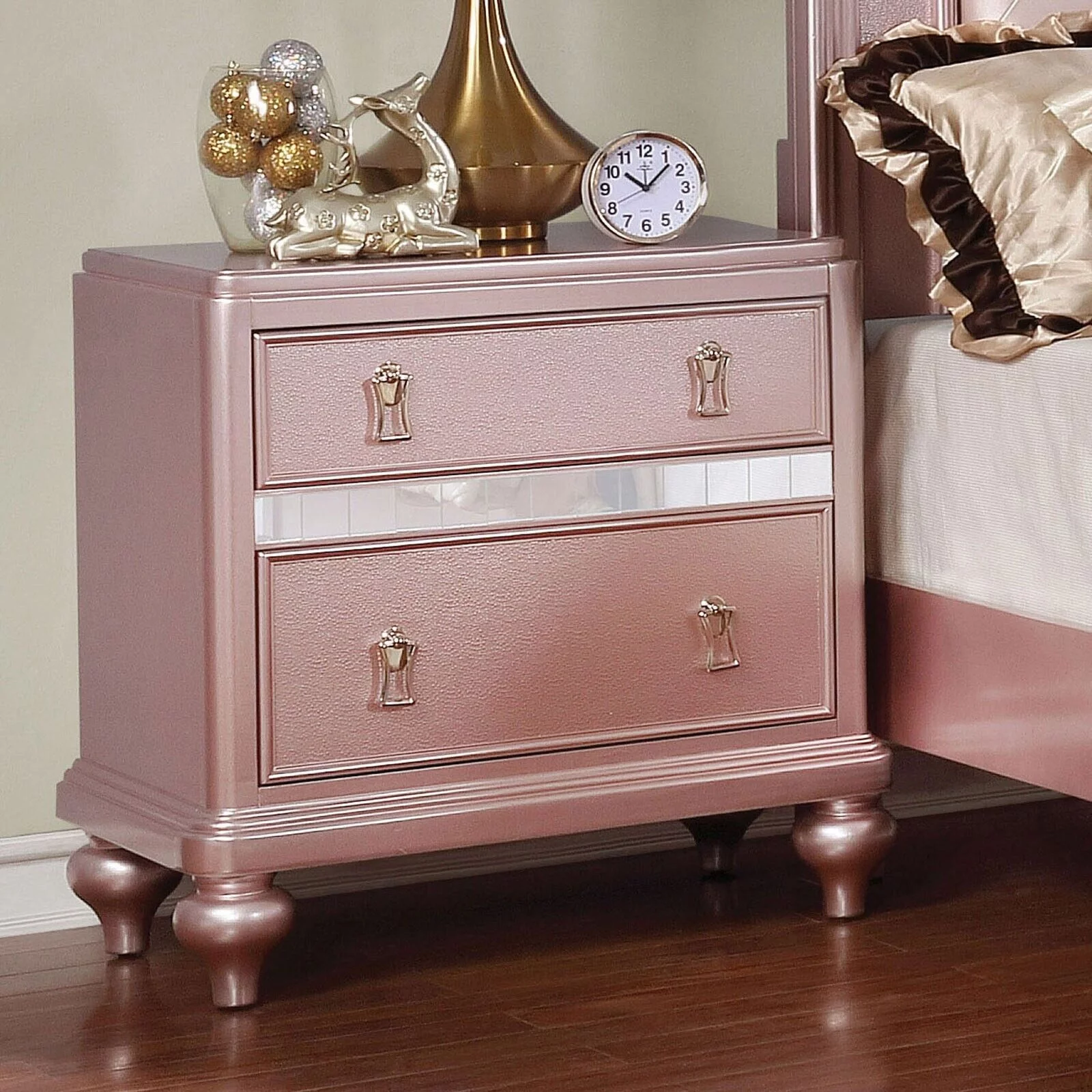 Contemporary Rose Gold Twin Size Bed 6pc Set Dresser Mirror Nightstand Chest Padded HB Tufted Bedroom Furniture Solid wood