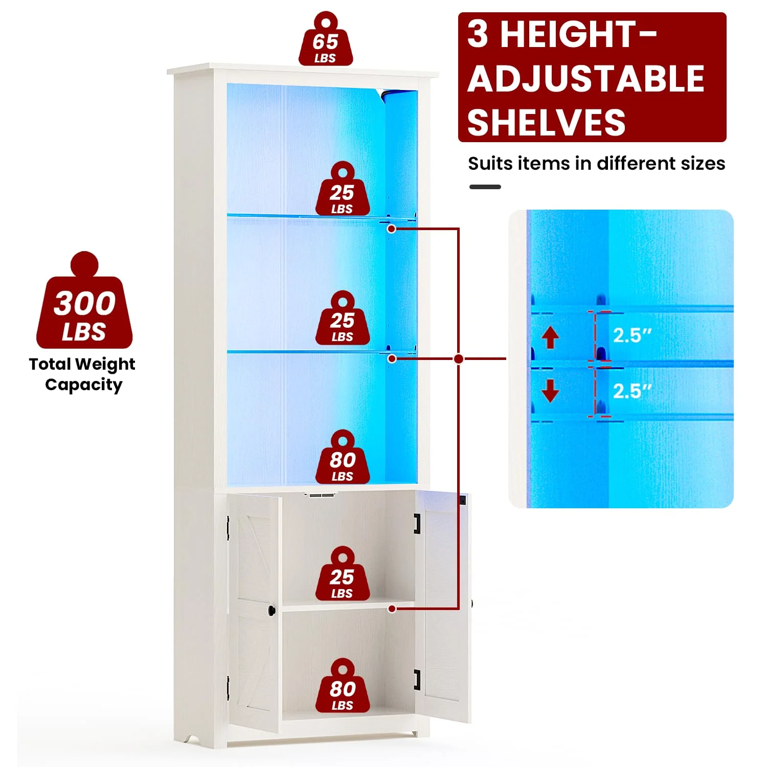 LGHM Bookshelf with LED Light Strip, 70" Tall Sturdy Wood 5-Shelf Bookcase with Adjustable Tempered Glass Shelves, Doors for Home Office, Living Room