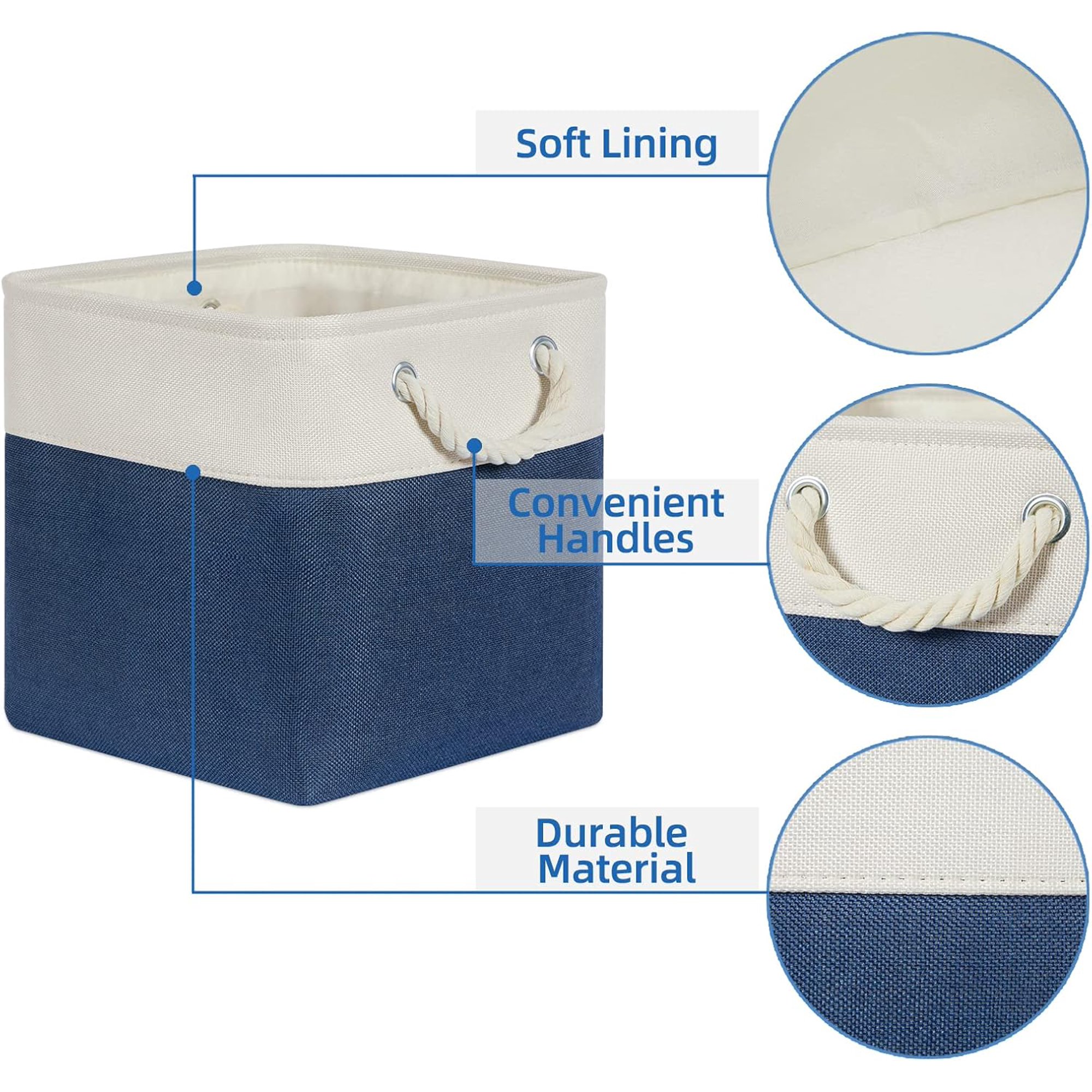 Fabric Storage Cubes 11x11 Cube Storage Bins 4Pack Blue Basket for Organizing Home, Closet, Empty Gift Baskets with Handles (White&amp;Blue)