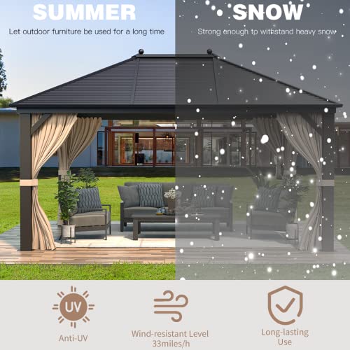 EROMMY 12'x20' Hardtop Gazebo Double Roof Galvanized Steel Canopy Outdoor Aluminum Frame Permanent Metal Pavilion with Netting and Curtains for Patio