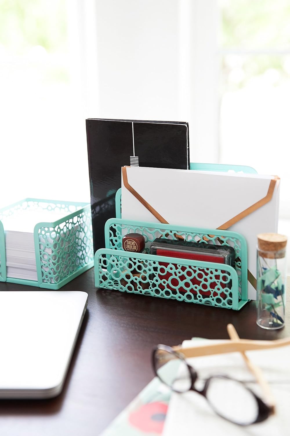 Blu Monaco Office Supplies Mint Green Desk Organizers and Accessories-5 Piece Cute Desk Organizer Set-Letter Tray-Pen Cup-Sticky Note Holder-Business