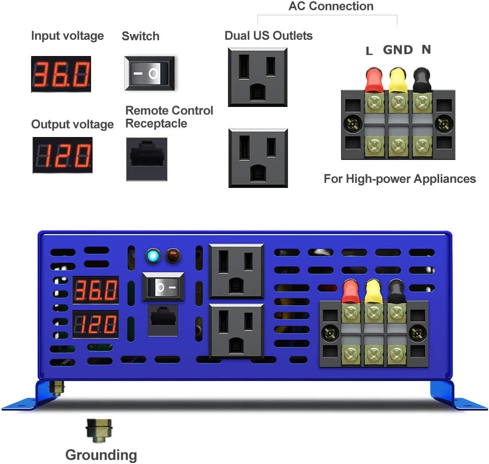 XYZ INVT 36 Volt Inverter 3500W Pure Sine Wave Inverter DC to AC, 36v to 110V 120V with 15ft Remote Switch, Surge 7000w