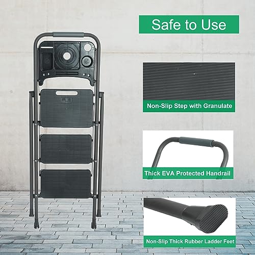 5 Step Ladder with Handrails, Folding Step Stool with Tool Tray Platform, 330lbs Portable Tall Step Labber for Adults for Home Kitchen Library Office