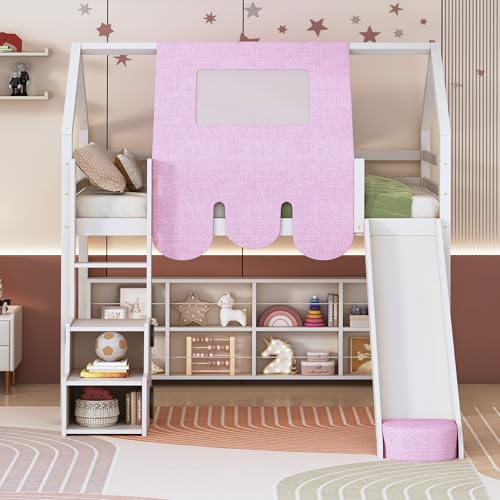 Harper & Bright Designs Kids Twin Low Loft Bed with Slide and Storage Shelves, Wood Playhouse Loft Bed Frame with a Tent & Stairs