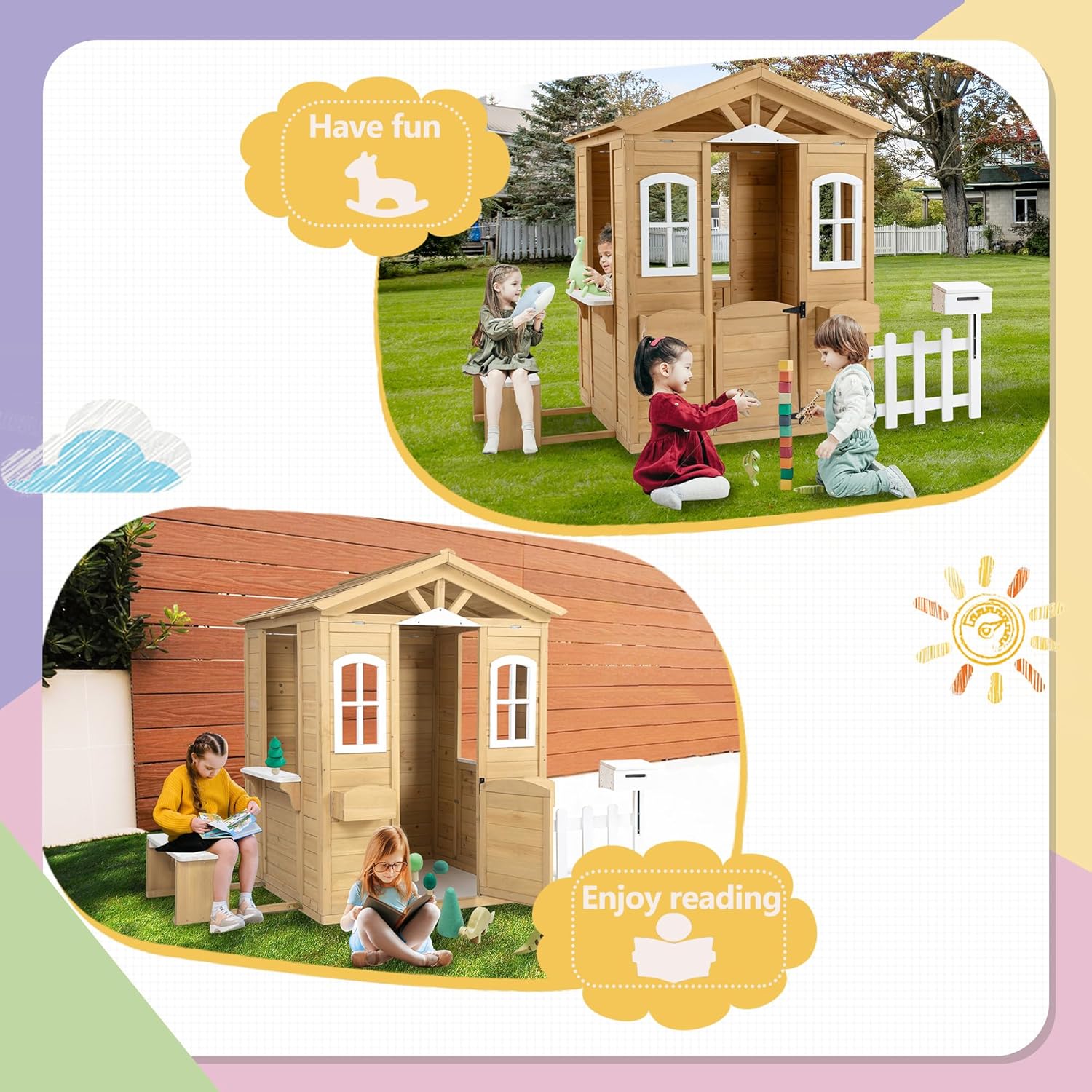 Outdoor Playhouse, Wooden Playhouse with Working Door, Windows, Mailbox, Bench, Flowers Pot Holder