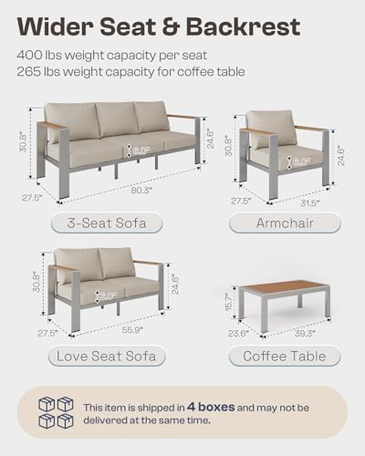 Aluminum Outdoor Patio Furniture Set with Coffee Table, 4 Piece Patio Conversation Sets with Washable Thick Cushions