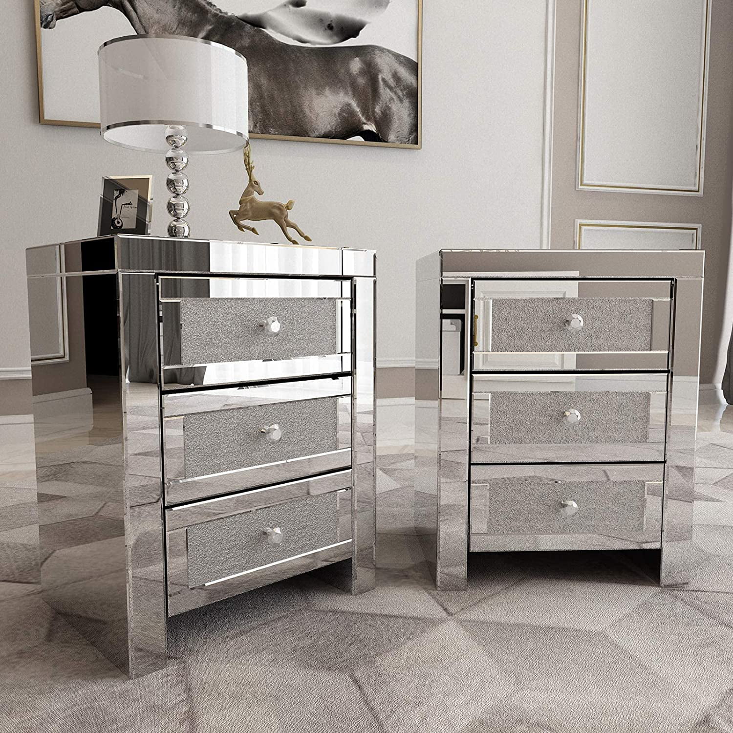 Alohappy Mirrored Nightstand with 3-Drawers, Mirror and Crystal Surface End Table Silver Bedside Table for Living Room/Bedroom, Fully Assembled
