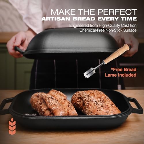 KUHA Cast Iron Bread Pan with Lid + Bread Lame - Black Heavy Duty Cast Iron Loaf Pan for Homemade Breadmaking - Pre-seasoned Bread Oven