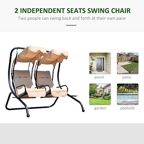 Outsunny Patio Swing Chair with 2 Separate Seats, Outdoor Swing with Removable Canopy and Cup Holders for Porch, Garden, Poolside, Backyard, Gray