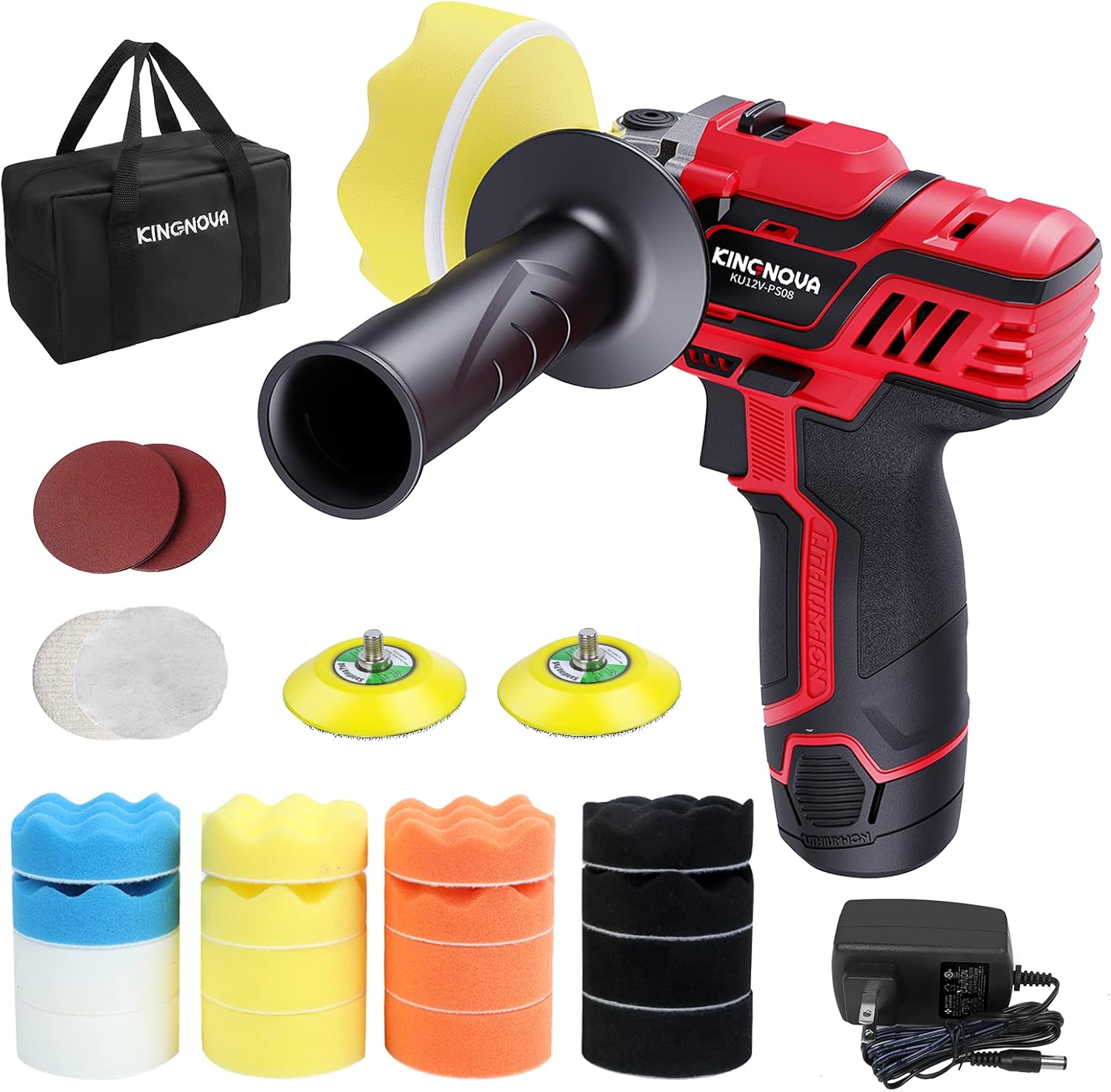 KINGNOVA 12V Cordless Buffer Polisher for Car Detailing Variable Speed 2 in 1 Polisher & Sander 2.0Ah Battery & Fast Charger 0-2800/8300 RPM Buffer