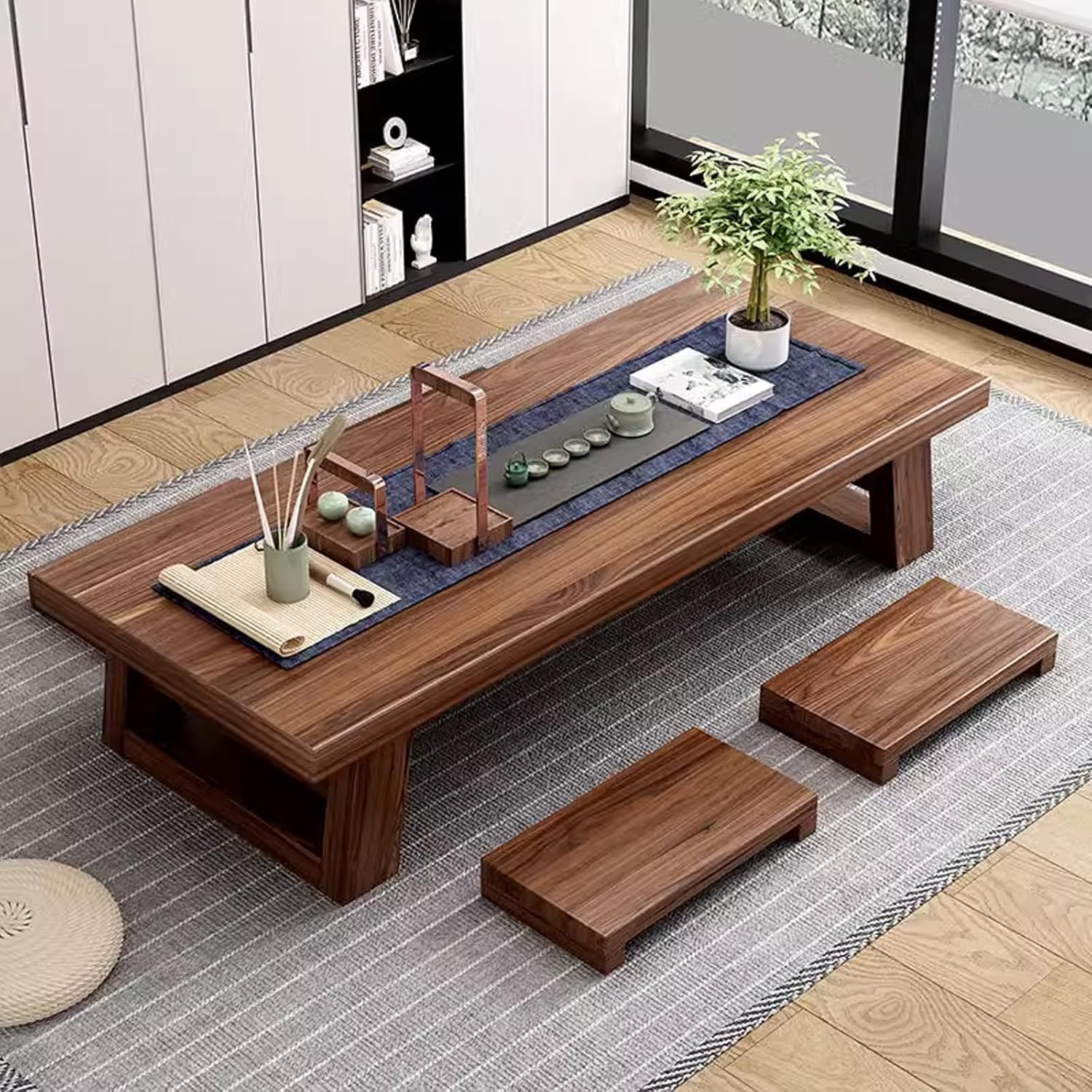 Japanese-Style Low Table, Solid Wood Tea Floor Table, Low Table for Floor Sitting Dining, Wooden Coffee Table Chabudai Furniture for Living Room