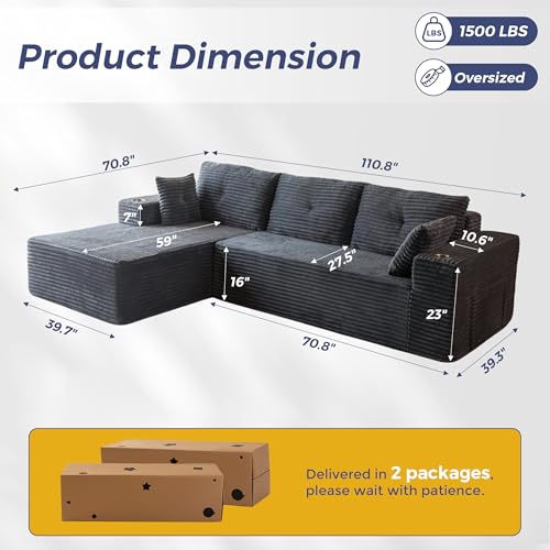 MAXYOYO 110" Modular Sectional Couch with L-Shape Chaise, Modern Boneless Couch for Living Room, Sofa in A Box, Oversized Sofa Sleeper with Deep Seat