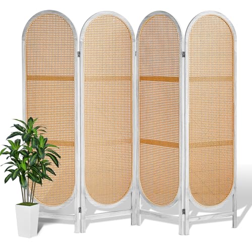 4 Panels Room Divider Wall, Foldable Wooden Room Divider, Individual Privacy Screen Made of Hand-Woven Rattan
