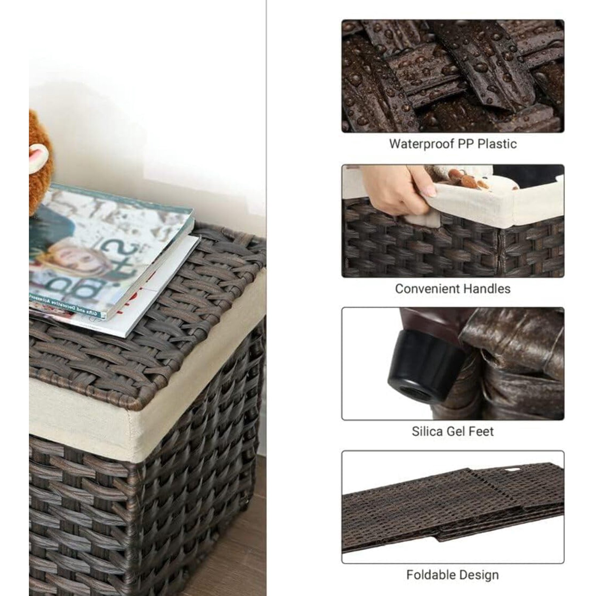 Storage Basket with Lid, 42.3 Gallon (160L) Foldable Storage Bin with Handles, Removable Liner, for Bedroom, Laundry Room, Brown