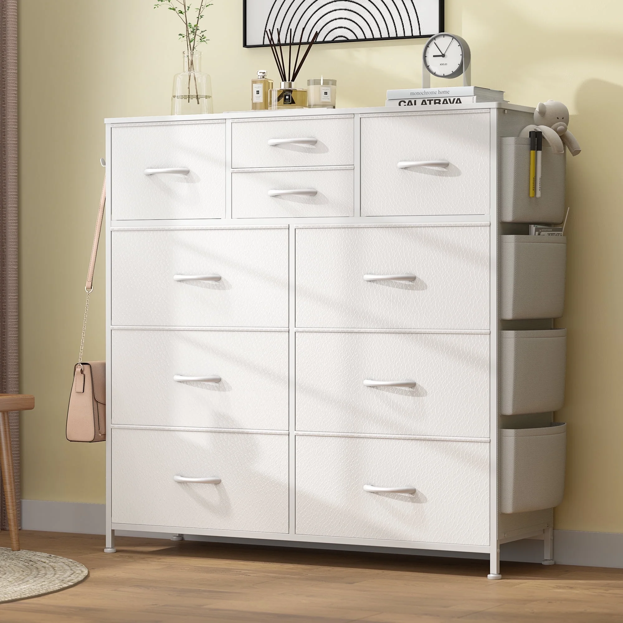 GIKPAL 10 Drawer Dresser, Chest of Drawers for Bedroom Fabric Dressers with Side Pockets and Hooks, Brown