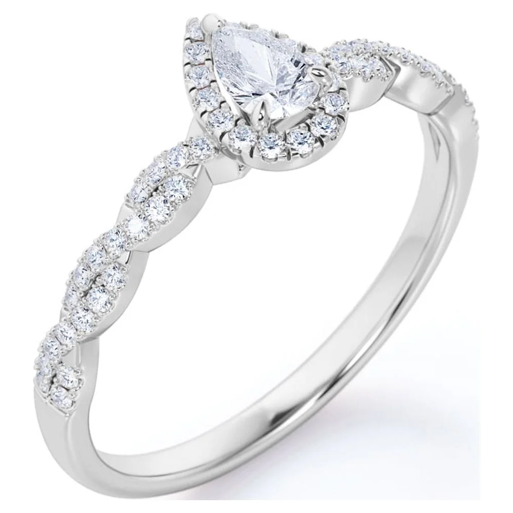 JeenMata 0.5 TCW Pear Cut Diamond - 3 Prong Halo Setting - Semi Infinity Pave Engagement Ring - 10K White Gold