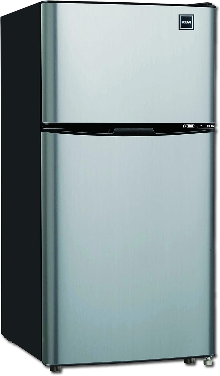 RCA RFR459 Compact Fridge with Freezer-Dual Adjustable Thermostat-Reversible Door-Removable Glass Shelves-Ideal for Bedroom/Dorm/Apartment/Office