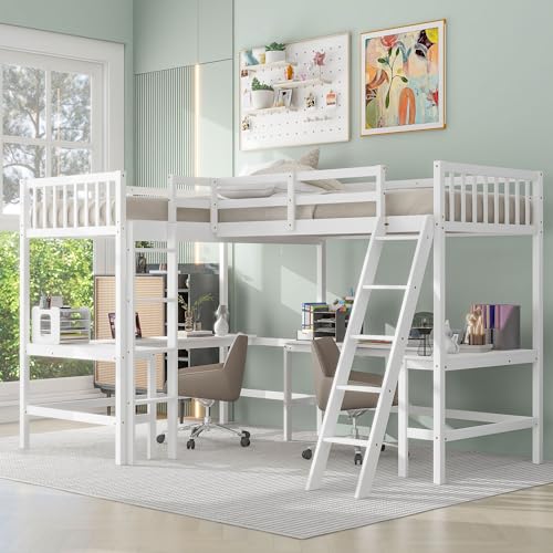L-Shaped Loft Bed, Wood Twin Size Loft Bed with Desk, L Shaped Beds with Ladder & 2 L-Shaped Desks, Corner Twin Beds for Teens, Adults