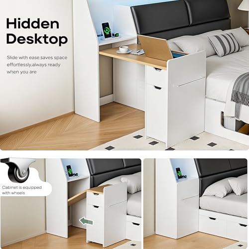 Full Platform Bed Frame with Foldable Desk, Daybed with Storage Headboard, Bookcase, 4 Drawers, LED Light & Charging Station, No Box Spring Needed