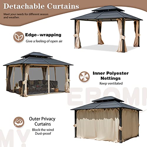 EROMMY 12'x20' Hardtop Gazebo Double Roof Galvanized Steel Canopy Outdoor Aluminum Frame Permanent Metal Pavilion with Netting and Curtains for Patio