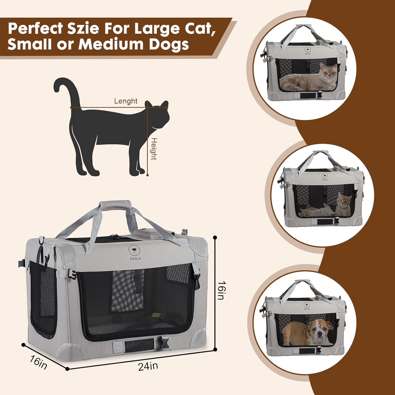 Extra Large Soft Sided Folding Cat Carrier, PEGIC 3-Doors of Collapsible Ventilated Comfortable Design Portable Vehicle for Traveling