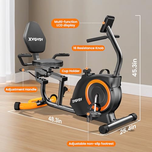 Recumbent Exercise Bike for Home Use, Quiet Recumbent Stationary Bikes for Adults & Seniors, 16-Level Resistance, Adjustable Seat, Supports 400LB