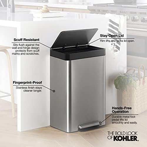 KOHLER 20940-ST 13 Gallon Kitchen Step Trash Can with Foot Pedal, Soft Close Lid, Stainless Steel