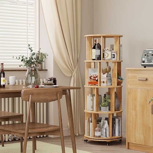 6 Tier Rotating Bookshelf Tower Spinning Bookshelf with Swivel Wheels Book Shelf Rotating Storage Tower for Kids Adult Narrow Walnut Solid Wood