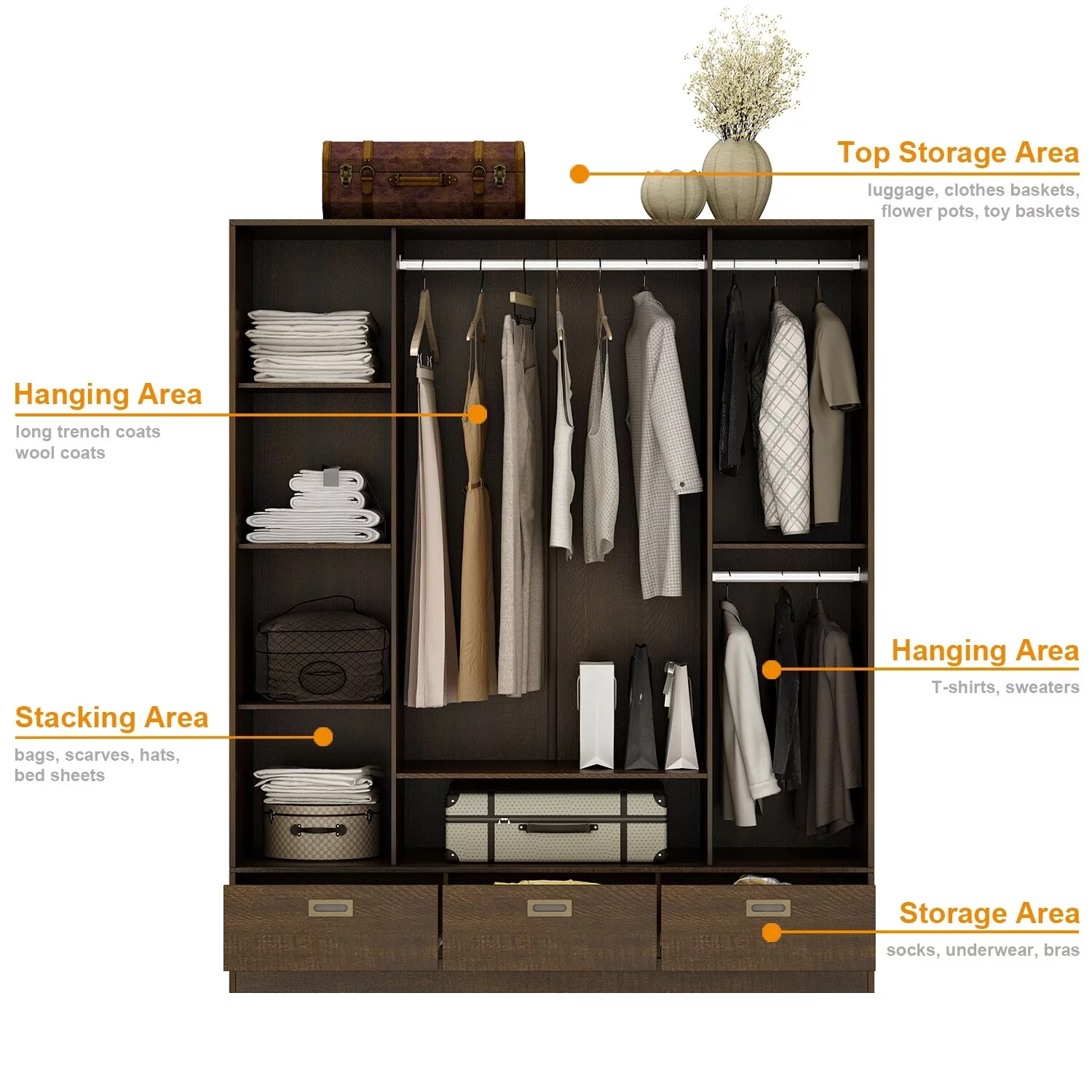 Brown Wardrobe Armoire with Drawers, Hanging Rod 4 Sliding Doors