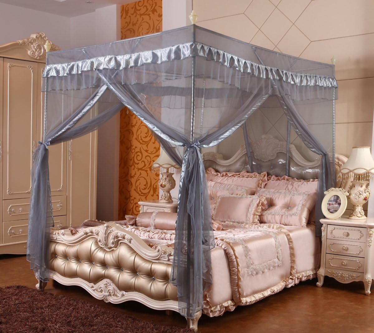 Mengersi Black Canopy Bed Curtains Queen Size, Royal Luxurious Cozy Drapes Netting- Elegant Bed Sheer Bedroom Decoration Accessories for Adults
