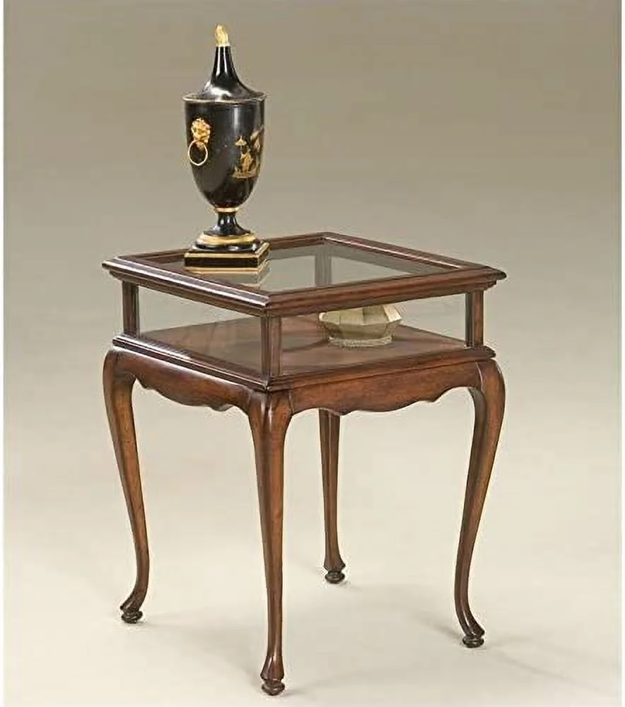 Curio Console Table, End Table With Glass Top In Cherry, 24.5" H X 18" W X 20" D