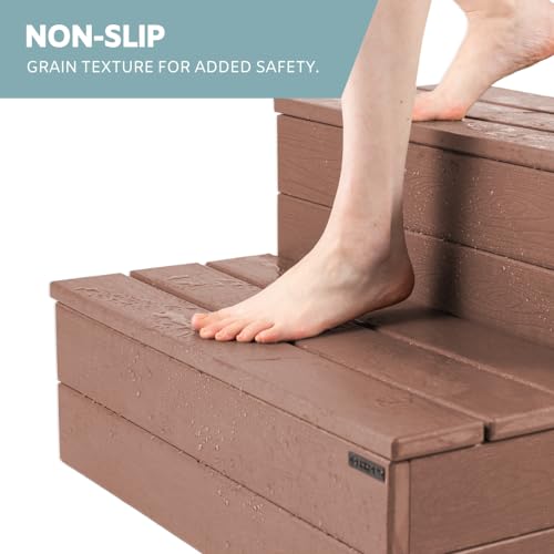 Hot Tub Steps - Wood-Looking Plastic, 100% Waterproof, Gray Non-Slip, Heavy Duty Outdoor Spa Stairs - Multi-Use for Porch, Fits Any Size