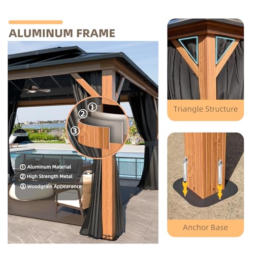 YOLENY 10'x13' Hardtop Gazebo, Outdoor Polycarbonate Double Roof Canopy, Aluminum Frame Permanent Pavilion with Curtains and Netting