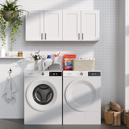 White Laundry Room Cabinets and Storage with 4 Doors and Utility Adjustable Shelf，Gabinetes Para Cocina Cupboard Kitchen Organizers and Storage