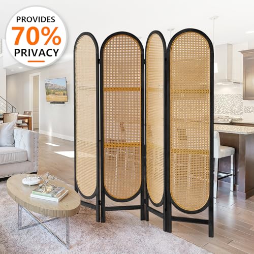 4 Panels Room Divider Wall, Foldable Wooden Room Divider, Individual Privacy Screen Made of Hand-Woven Rattan
