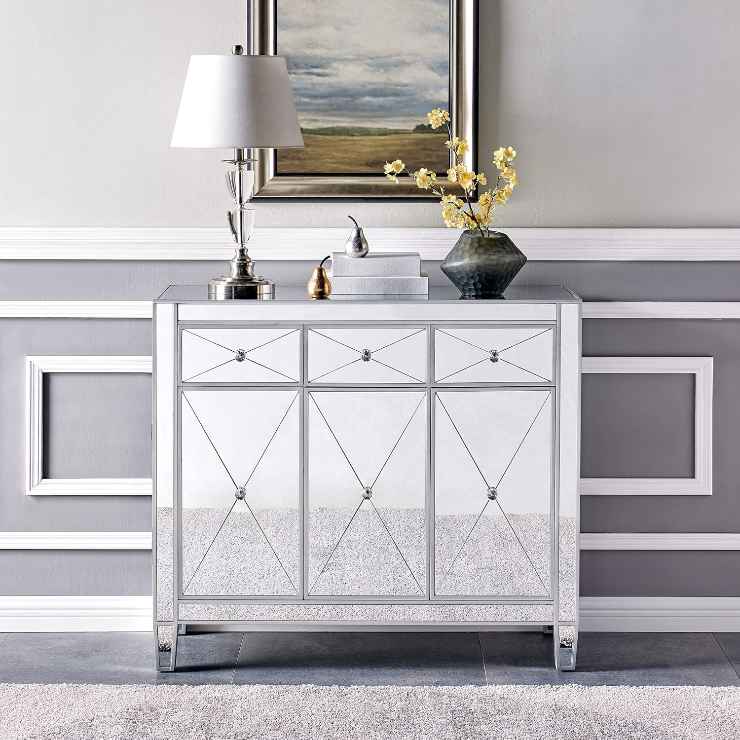 SEI FURNITURE Mirage Cabinet, Mirrored with matte silver trim.