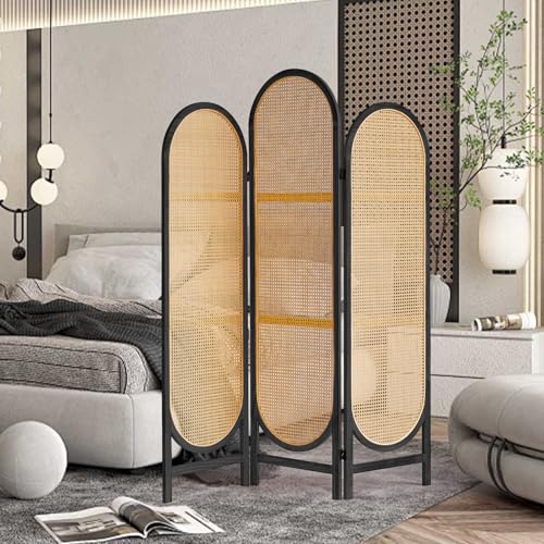 3 Panel Room Dividers and Folding Privacy Screens, Hand-Made Rattan Room Divider with Bi-Directional Hinge