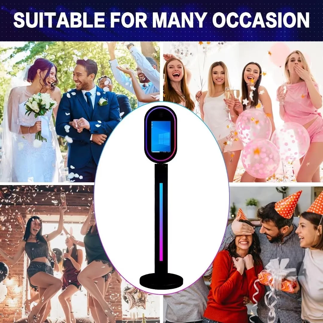 Black 13.3 In Portable Touch Mirror Photo Booth  Built-in Mini PC & Camera Photo Booth with Round Ring Light and Flight Case for Events Wedding
