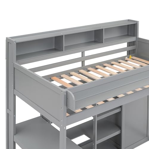 SOFTSEA Twin Size Loft Bed with Desk & Storage, Wood Loft Bed with Wardrobe and Storage Shelves