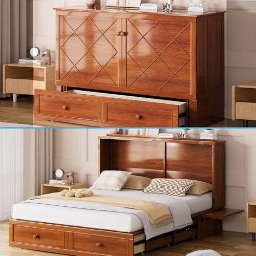 Mjkone Queen Murphy Bed Cabinet with Tri-Folding Mattress