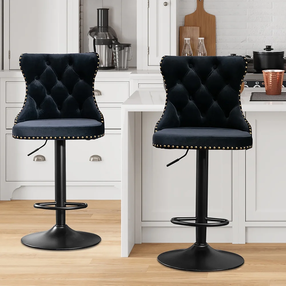 Lemacte Swivel Bar Stools Set of 4, Adjustable Counter Height Barstools with Nailheads Trim, Button Tufted Back and Black Footrest