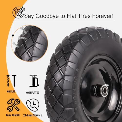 Wheelbarrow Tires 4.80/4.00-8 Flat Free-16"Universal Solid Wheels with 5/8" & 3/4" Bearings for Wheelbarrows/Hand Truck/Garden Trailers/Cart