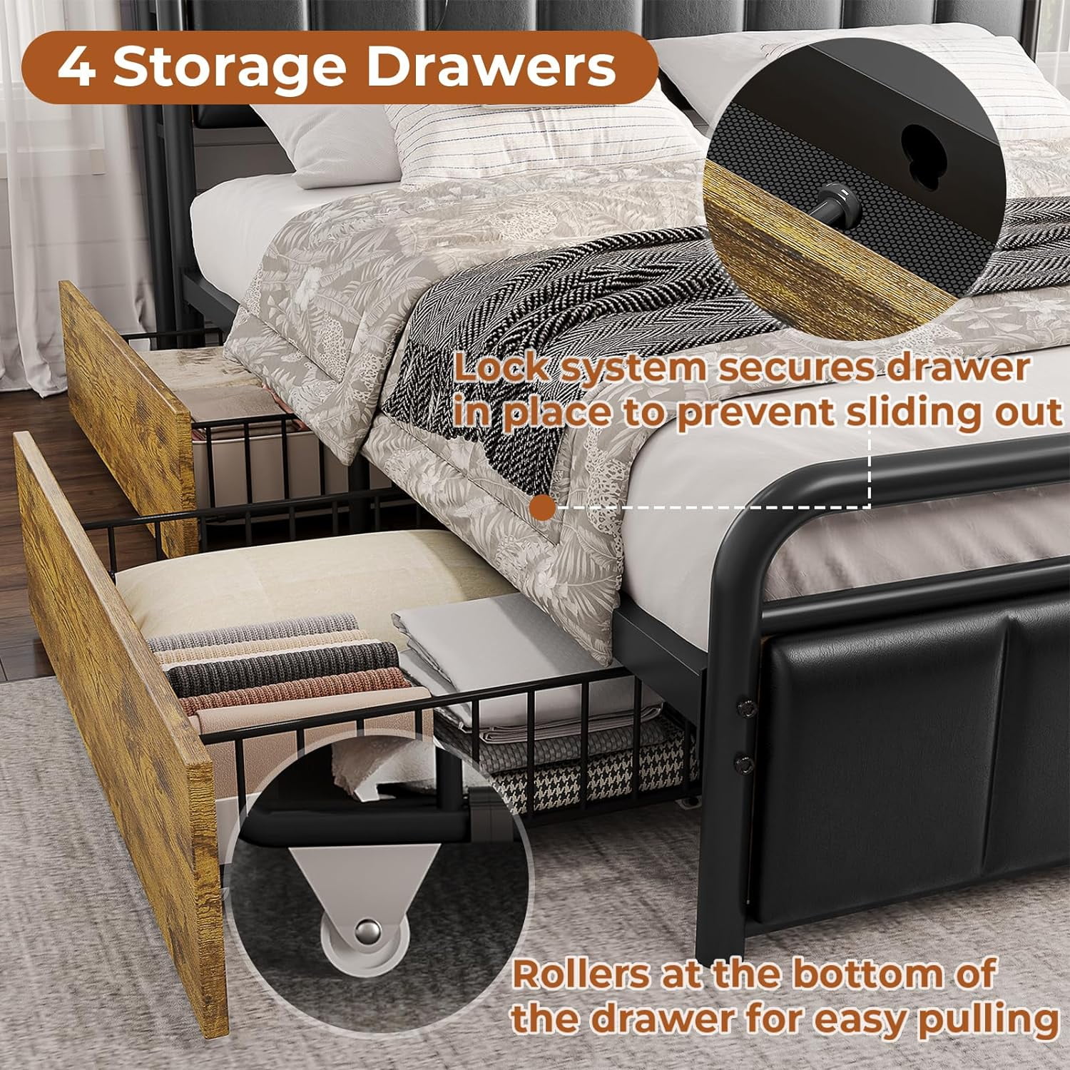 Queen LED Bed Frame with 4 Storage Drawers & Charging Station, Upholstered Headboard with Shelf & Hidden Storage Space, Heavy Steel Slat Support
