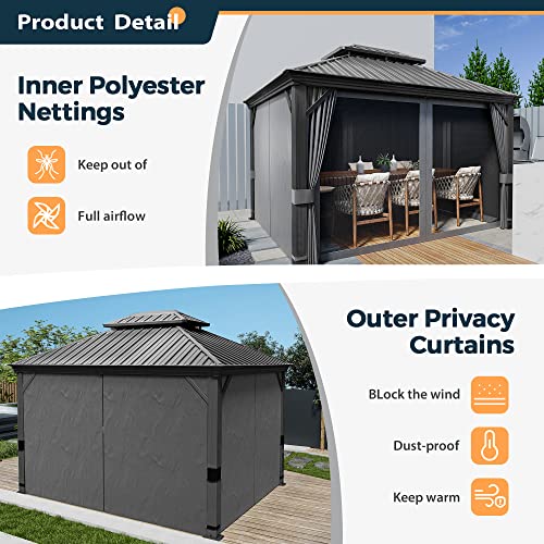 HAPPATIO 10' x 12' Hardtop Gazebo with Netting and Curtains, Double Roof Permanent Patio Metal Gazebo Canopy for Patio, Deck, Backyard （Gray）