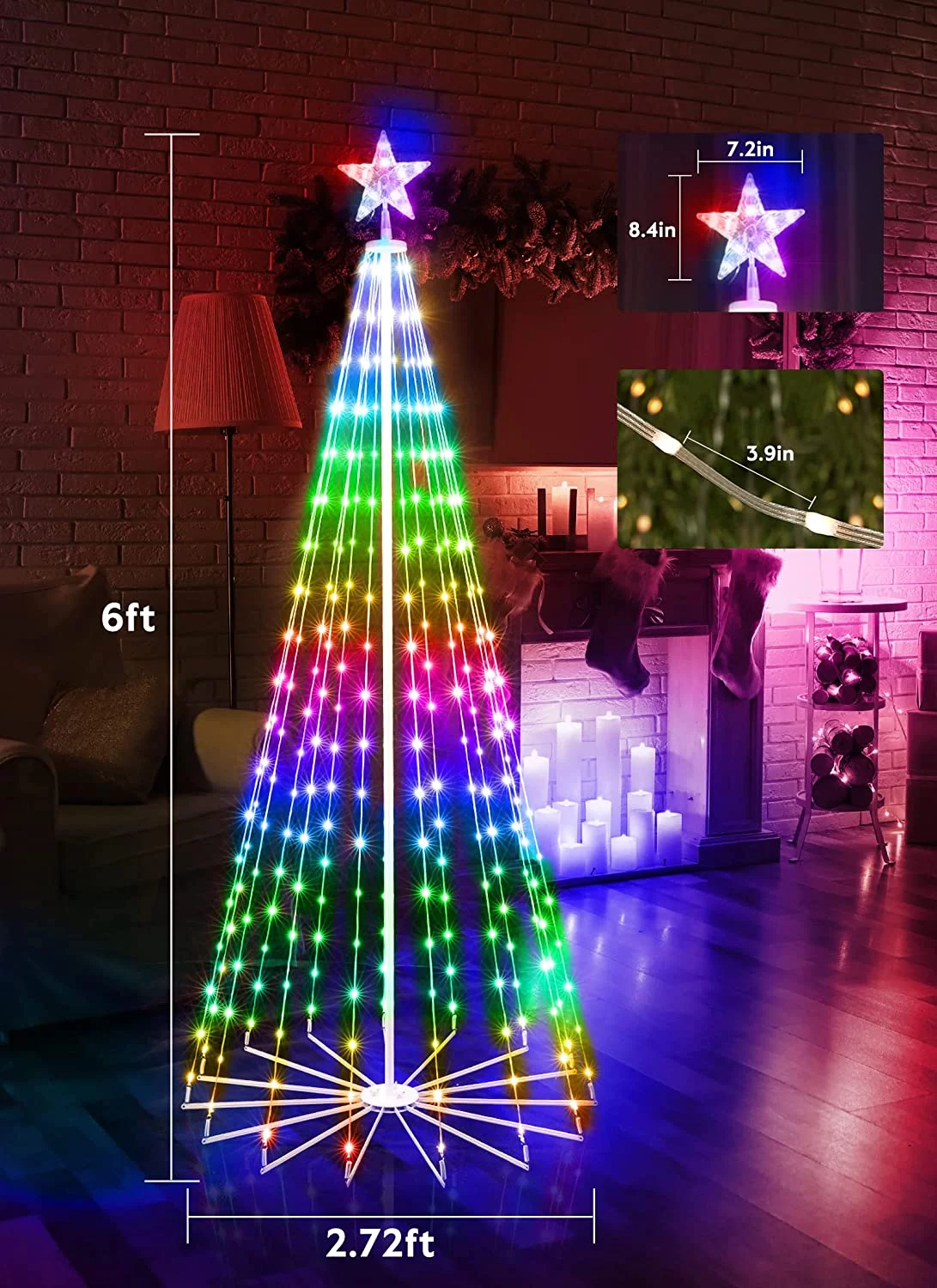 Brightown Smart Christmas Cone Tree LED Light, 6ft 265 LED Music Sync with Remote APP, Local Control, Pattern and Text Displayable