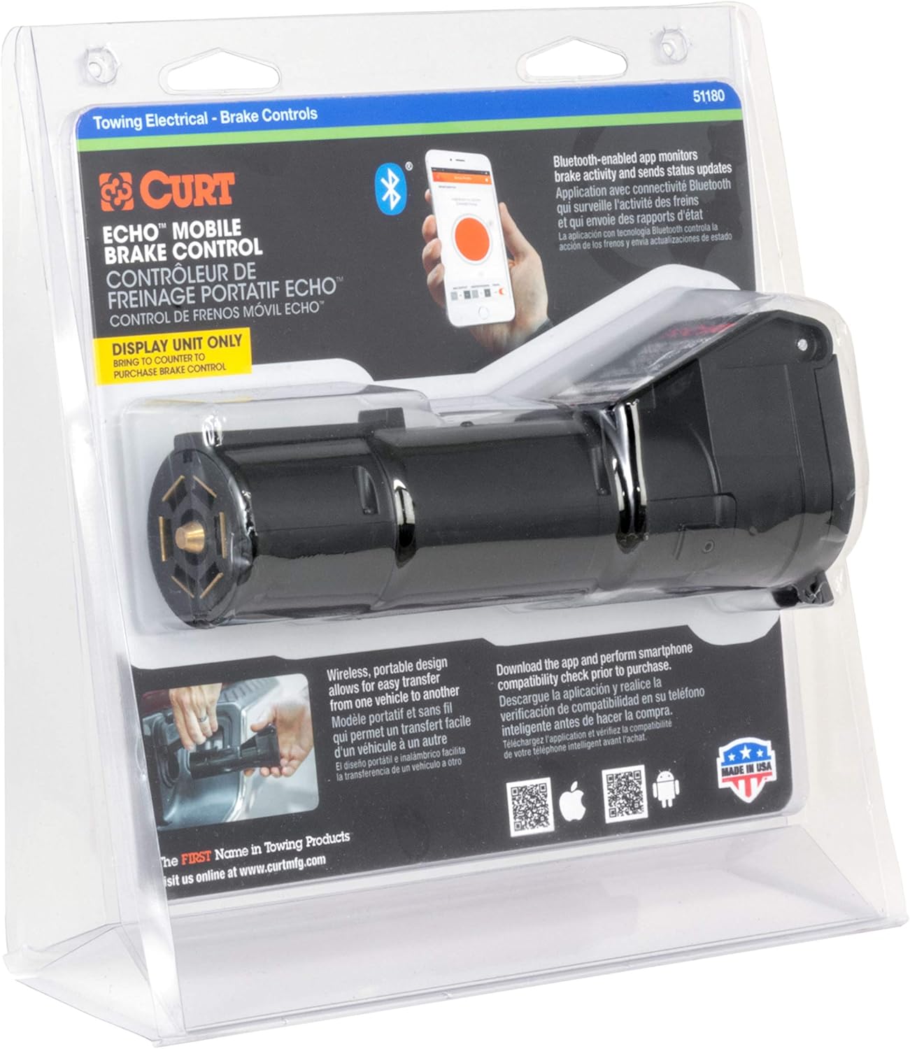 CURT 51180 Echo Mobile Electric Trailer Brake Controller with Bluetooth-Enabled Smartphone Connection, Proportional, Black PLastic, 9 x 9 x 3 inches