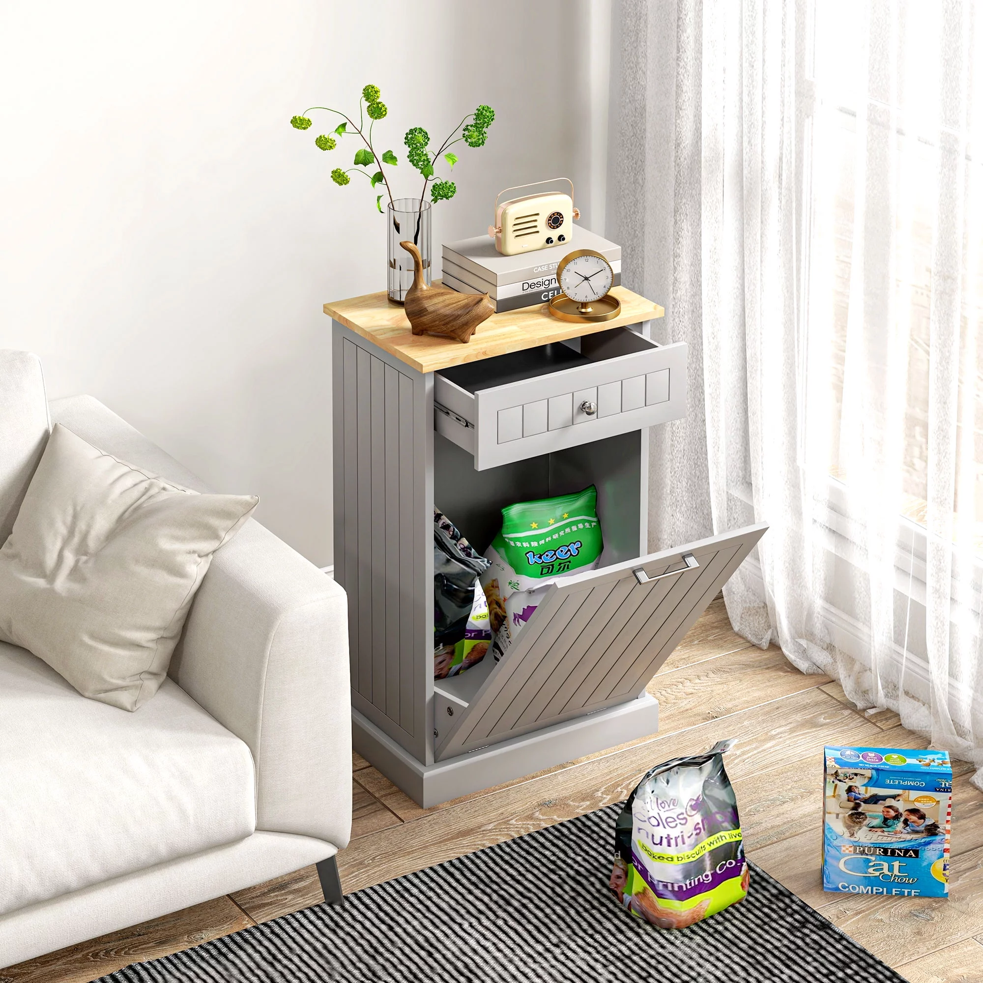 HOMCOM Kitchen Tilt Out Trash Bin Cabinet, Free Standing Recycling Cabinet